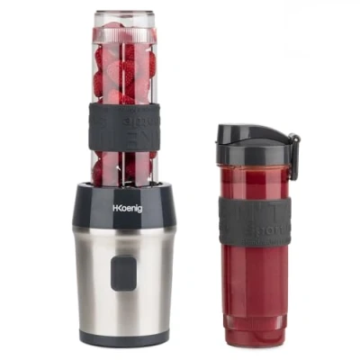 Bild av H.Koenig SMOO9, Blender portable en verre, pour jus, shakes, smoothies, 570 ml, 300 W, comprend 2 bouteilles de sport portables, acier inoxydable