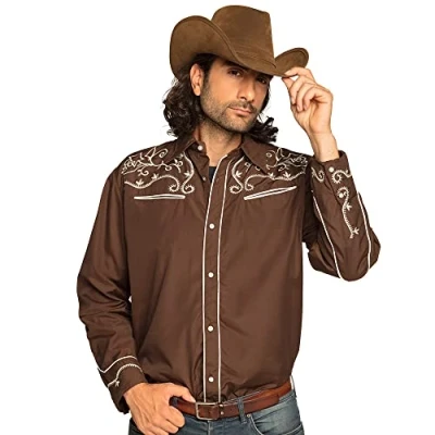 Bild av Boland Herrskjorta västerländsk, brun med broderi, cowboy, vilda västern, kostym, karneval, temafest, BRUN, XL
