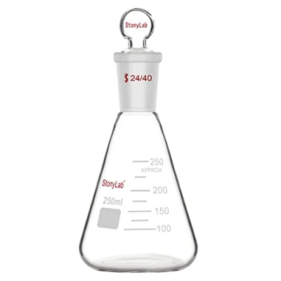 Bild av stonylab Erlenmeyer glasflaska med lock, 250 ml borosilikatglas tjockväggig flaska standard 24/40 konisk yttre tätning och glaslock