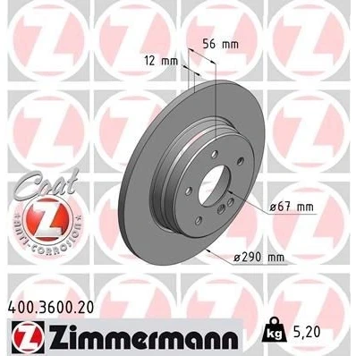 Bild av ZIMMERMANN COAT Z 400.3600.20 Disque de frein 290 12 6/5 5 112 plein revêtu MERCEDES BENZ: Classe E Break