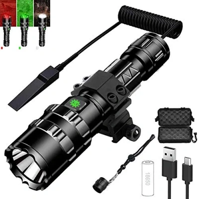 Bild av OSMARI Taktisk uppladdningsbar LED ficklampa 1 600 lumen superljus 5 lägen fackla med picatinny skenfäste, tryckbrytare (grönt ljus)