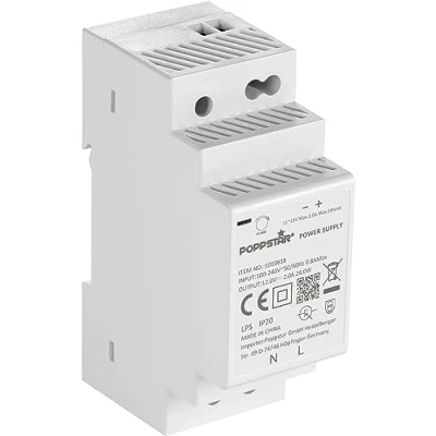 Bild av Poppstar 12V transformator för DIN skena, skenemontage (Input 100 240 V AC 50/60 Hz, Output 12 DC 2 A max. 24 W) klocktransformator
