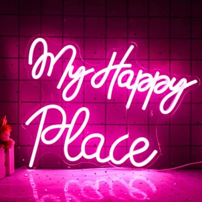 Bild av Neonskylt My Happy Place, rosa neonljus som väggdekoration, med skrift, USB driven, för sovrum, lekrum, bar, fest och födelsedag