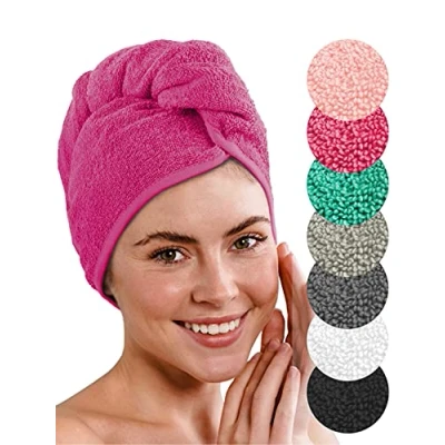 Bild av LAYNENBURG 2 st. Deluxe turbanhandduk med knapp för kort och långt hår bomullssvamp 8 skosnören gratis snabbtorkande superabsorberande hårtork (fuchsia)