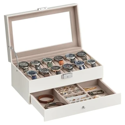 Bild av SONGMICS Klockbox, klockfodral med glaslock, 2 nivås klockdisplay fodral för 12 klockor, låsbar, 1 låda, presentidé, molnvitt syntetiskt läder, cappuccino beige foder JWB012W01