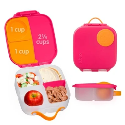 Bild av b.box Mini lunchlåda, Bento låda med 3 fack (2 läckagesäkra), optimal för småbarn, barns lunch och mellanmål, passar hela frukten, BPA fri, jordgubbsskakning