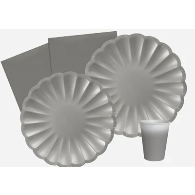 Bild av Party Tableware Set Flower Shape for 24 people (112 pcs: plates Ø23cm, Ø18cm, cups 200ml, 40 napkins 33x33cm) in eco friendly compostable paper, silver