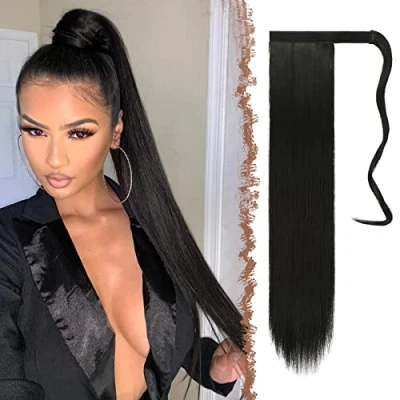 Bild av FESHFEN Lång Hästsvans Hårförlängningar förlängning Rakt Clip i Syntetisk Löshår Hår Ponytail Extensions för Kvinnor, 60 cm Svart