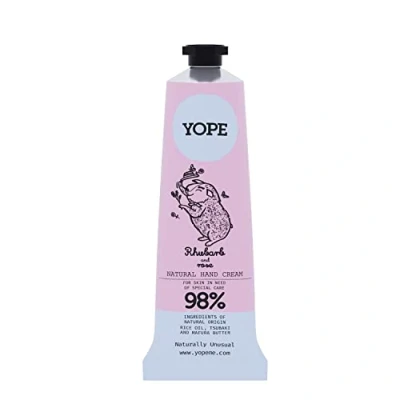 Bild av YOPE Naturlig handkräm Ris, Tsubaki olja Mafurasmör Sheasmör Vitamin E ros och rabarberextrakt Regenererande Fuktgivande intensivt Rabarber 50 ml