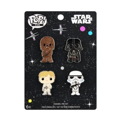 Bild av Loungefly pop! 4 pack pin set: Star Wars sortiment Luke Chewy Darth Storm Trpr emaljnålar söt brosch att samla för ryggsäckar och väskor presentidé