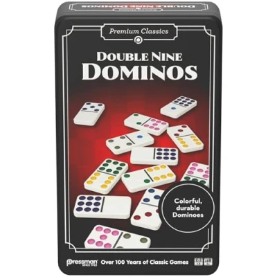 Bild av Goliath DOUBLE 9 DOMINOS, klassiskt familjebrädspel för barn från 5 år, 55 numrerade dominoer 1 till 8 spelare, resefodral i metall dominospel