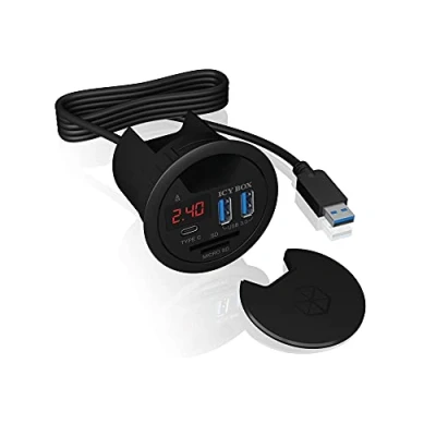 Bild av ICY BOX USB bordhubb för installation, 60 mm, 3 hubb, C, laddningsfunktion, kortläsare, display med nätaggregat