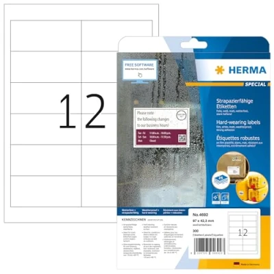 Bild av HERMA 4692 väderbeständiga folieetiketter A4 (97 x 42,3 mm, 25 ark, polyesterfolie, matt) självhäftande, utskrivbara, extremt stark häftande filmetiketter, 300 klistermärken, vit