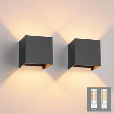 Bild av Klighten 2 pack moderna LED vägglampor upp och ner vägglampa inomhus/utomhus lampett för vardagsrum, sovrum, hall, varm vit 3 000 K, mörkgrå (G9 lampa ingår)