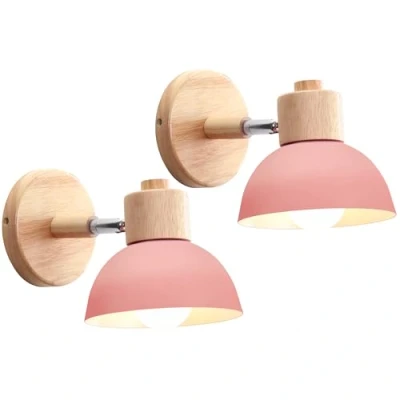 Bild av iDEGU 2 stycken vägglampor modern inomhus vägglampa av trä metall halvcirkel lampskärm E27 justerbar väggspot vintage lampa för sovrum vardagsrum (2 lampor, rosa)