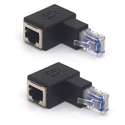 Bild av HTGuoji Vinklad RJ45 Ethernet adapter, 90 graders 8P8C hane till hona Cat5e Cat6 nätverk lappkontakt 2 st (upp)