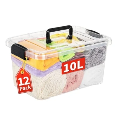 Bild av Cetomo Förvaringslådor, förvaringslåda med lock och handtag för organisering av sovsal, kontor, stapelbar, häckande tygbehållare, plast, klar, 10 L 12 pack