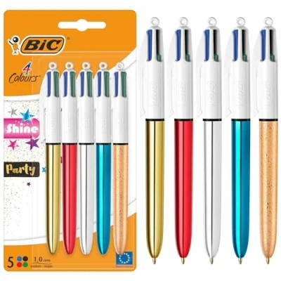 Bild av BIC 4 färger glans och fest medium spets infällbar penna (1,0 mm) i silver, guld, röd, blå guld med metalliserad fryst effekt förpackning 5