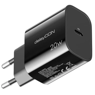 Bild av deleyCON USB C Laddare (Snabbladdare) Strömförsörjning för iPhone 16, 15, Pro, Pro Max, iPad, Airpods 4, Watch, Galaxy S24/S23, Pixel, Mobiltelefon, PD 3.0 Svart