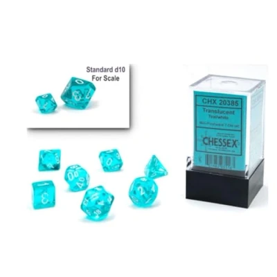 Bild av Chessex tärningsset 10 mm genomskinlig blågrön/vit plast polyhedral fängelsehålor och drakar D&amp;D DND TTRPG tärning inkluderar 7 tärningar D4 D6 D8 D10 D12 D20 D%, CHX20385