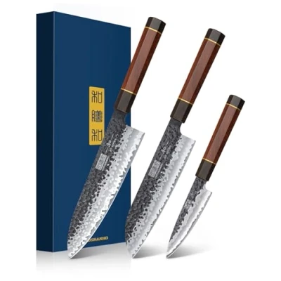 Bild av HOSHANHO Kökskniv set, 3 delar set med japanska knivar i stål hög kolhalt, kockkniv Santoku kniv skalkniv, ergonomiskt handtag rosenträ