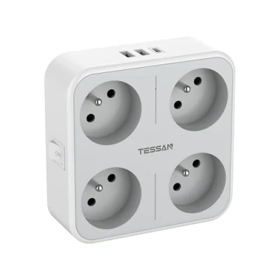 Bild av TESSAN USB Power Strip, Wall Strip 4 Typ E uttag med 1 C Nät och 2 A, 7 i Strömbrytare 4000W, Nätdel för Hem, Kontor, Grå