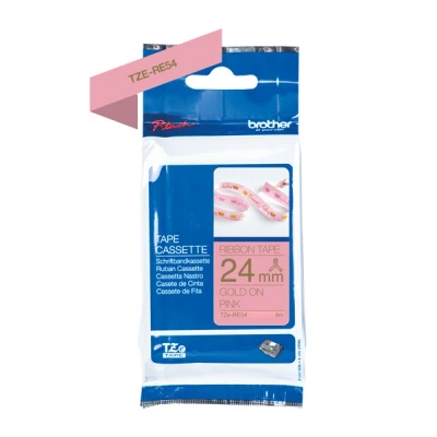 Bild av Original Brother textiltejp TZe RE54 guld på rosa 24 mm bred, 4 m lång (inklusive för P Touch H200, H100LB/R, H105, E100/VP, D200/BW/VP, D210/VP, Cube, Cube Plus)