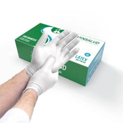 Bild av VENSALUD Engångs LATEX handskar Dammfri Motståndskraftig och bekväm För laboratorier, sanitära, kök, tatueringsstudior, veterinär, rengöring, undersökning 100 st. Vit Storlek XL