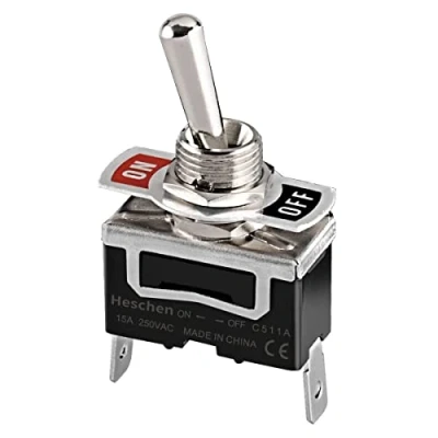 Bild av Heschen vippströmbrytare av metall, C511A, SPST, underhållen, på/av 2 positioner, 15 A 250 VAC, fliksterminal, CE