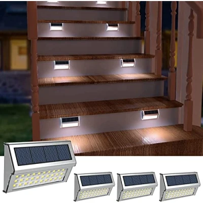 Bild av 【Uppgraderad 30 LED】 Solstaketlampor, dekorativa lampor i rostfritt stål LED trädgårdslampor, vattentäta steglampor trådlösa utomhuslampor för trappor, vägg, uteplats, gård, stig, staket, 4 pack