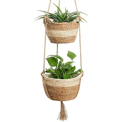 Bild av KAHEIGN Hängande sjögräsplanterarkorg, 2 storlekar vävd växtkruka inomhus utomhus blomkrukor skydd förvaringskorg växtbehållare för heminredning (beige)