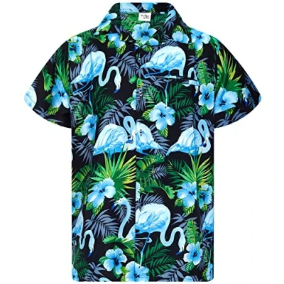 Bild av King Kameha funky Hawaii skjorta män kortärmad framficka snygg flamingos blommig unisex, Flamingo blommor design svart blå, M