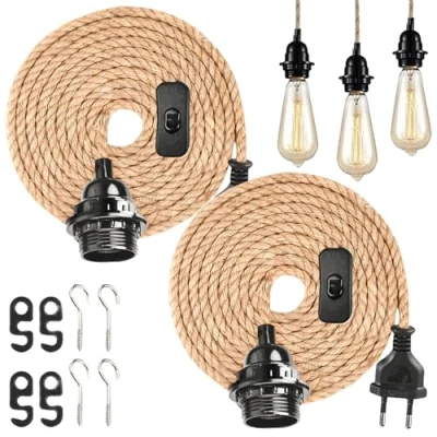 Bild av 2 stycken pendellampor med strömbrytare och kontakt, E27 lampsockel 4,5 m vriden sockel kabel, vintage, lampkabel strömbrytare, gör det själv, hängande lampa för bondgård, hem, loft, lager
