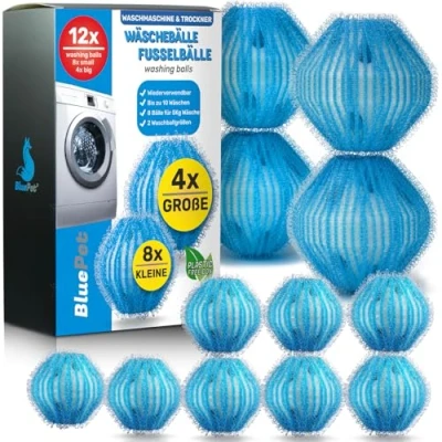 Bild av BluePet® 12 x luddbollar för tvättmaskinen tar bort djurhår, ludd och ludd, hårfångare torktumlare luddkulor tvättboll (4 stor 8 liten)
