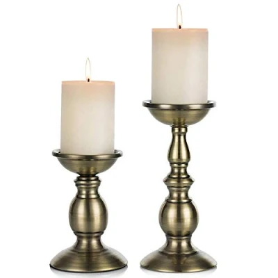 Bild av NUPTIO Brons 2 st ljushållare av järnpelare, perfekt för 80 mm pelarljus eller flamlösa LED ljus, halloween jul dekorationer, gåvor bröllopsfest hem spa Reiki (S + L)