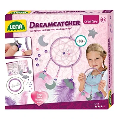 Bild av Lena 42699 Craftset Dreamcatcher, komplett set för att pyssla drömfångaren med metallring, färgat papper sladd, lim, tråd, fjädrar och hängen moln, måne stjärna, barn från 6 år