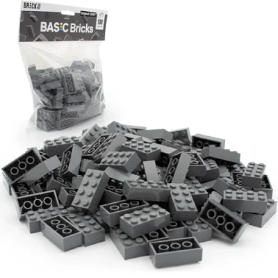 Bild av Lego stenar Classic, mörkgrå (grå), 2 x 4 byggstenar, 100 stycken enskilda delar startset eller förlängning för legostenslåda och Legoplatta Basic klossar (3001)