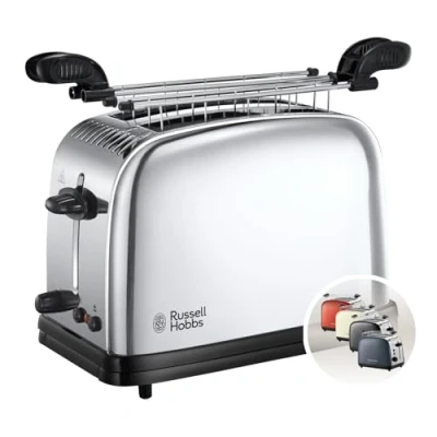 Bild av Russell Hobbs brödrost, extra breda fack för 2 skivor, uppvärmningsgaller, justerbar rostningsgrad, upptiningsfunktion, teknologi snabbare rostning, 1670W, rostfritt stål, Victory 23310 56
