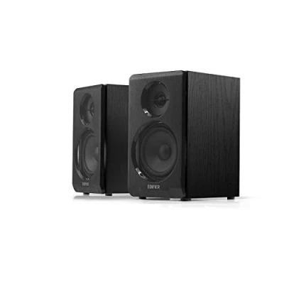 Bild av EDIFIER Studio R33BT kompakt 2.0 hyllsystem i äkta trähölje (MDF) med Bluetooth 5.0, AUX anslutning och kontroller på den aktiva högtalaren, svart
