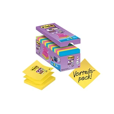 Bild av Post it Super Sticky Z Notes, värdeförpackning, förpackning med 14 block + 2 gratis block, 90 ark per 76 mm x mm, färger: grön, gul, rosa, blå, extra starkt självhäftande anteckningar