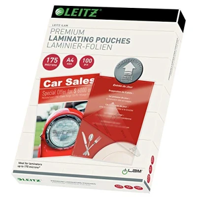 Bild av Leitz 74830000 lamineringspåsar gjorda av 175 mikroner tjockt material (genomskinligt, glansigt, A4 och UDT) paket med 100