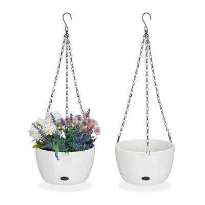 Bild av Relaxdays Blomampel med vattenbehållare, set om 2, H x D 56 20,5 cm, utomhus och inomhus, hängande blomkruka, plast, vit