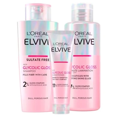 Bild av L&#039;Oréal Paris Elvive Glycolic Gloss 150 ml balsam + 200 schampo 5 minuters lamineringsbehandling på för blekt och poröst hår intensiv hållbar glans 3 flaskor