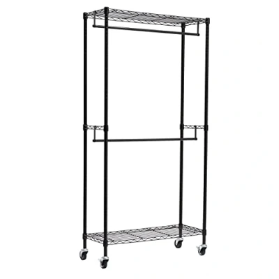 Bild av Amazon Basics dubbel klädstång öppen med hjul och höjdjusterbara hyllor maximal vikt 181 kg, svart, 35,5 x 91,4 183 cm (L B H)