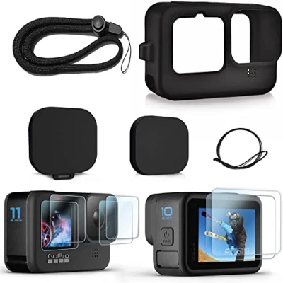 Bild av FitStill Silikongummifodral + 2 pack (6 st) härdat glasskydd kompatibelt med Go Pro Hero 9 Black, mjuk gummihylsa förvaringshus linsskydd keps snodd tillbehörs kit för hero9
