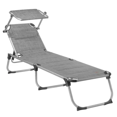 Bild av CampFeuer Solstol med tak campingstol i aluminium, solstol, avslappningsstol trädgårdsstol soltak, fiskebåge, justerbar strandstol hopfällbar stol, terrassstol, utomhusstol (grå melerad)