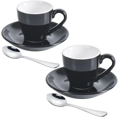 Bild av ionEgg espressokopp i porslin med fat och miniskedar rostfritt stål, för kaffekopp, 80 ml/76,5 g, 2 pack, svart