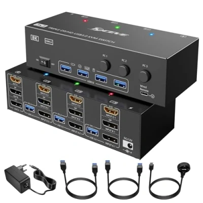Bild av KVM switch, 3 datorer, bildskärmar, HDMI DisplayPort USB 3.0, 8K @ 30 Hz/4K 144Hz, för skärmar och 4 st. 3.0 enheter