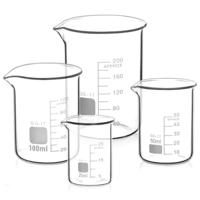 Bild av QWORK® Becher Graduato 25 ml 50 100 200 Borosilikatglas 3,3 glas, set med 4 graduerade mått för vetenskapslaboratoriet kök