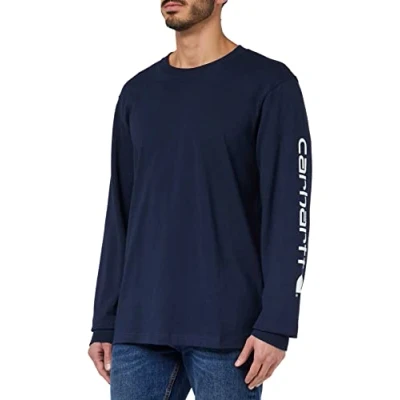 Bild av Carhartt Löst, tung långärmad logotypgrafik på ärmarna T shirt, Marinblå, M